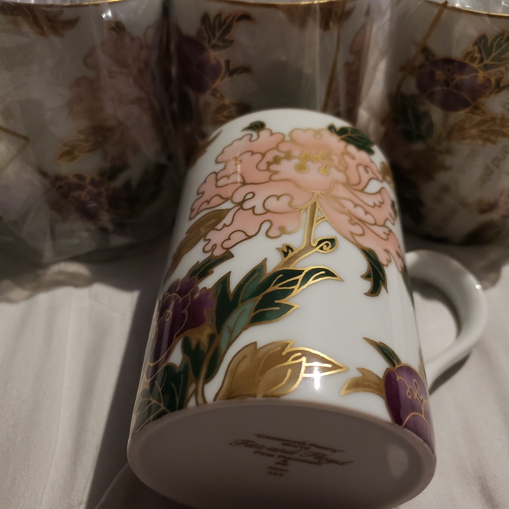 4 Fritz & Floyd "Cloisonnè Peony " Porcelain Cups